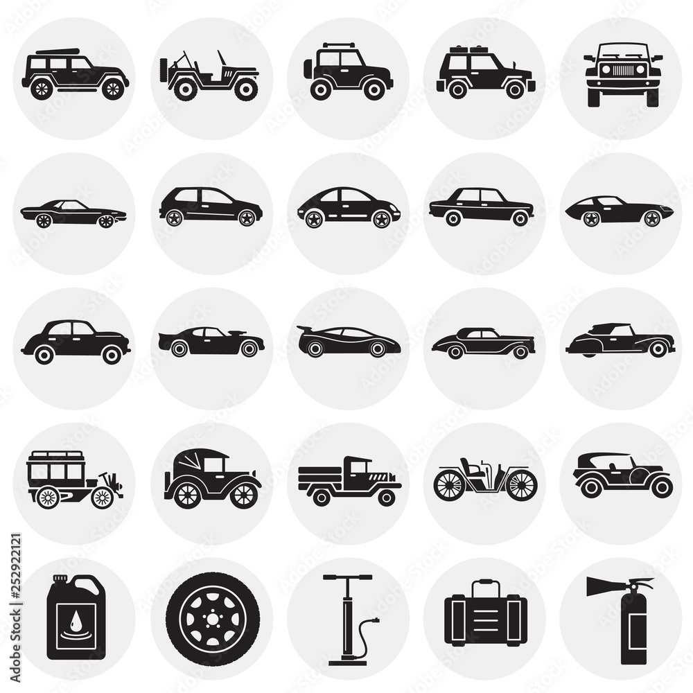Poster cars icons set on circles background for graphic and web design. simple vector sign. internet concep