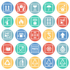 Packaging symbol icons on color circles white background for graphic and web design. Simple vector sign. Internet concept symbol for website button or mobile app.