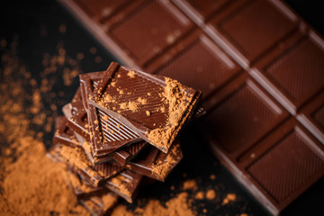 dark chocolate stack and cocoa powder