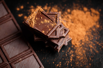 dark chocolate stack and cocoa powder