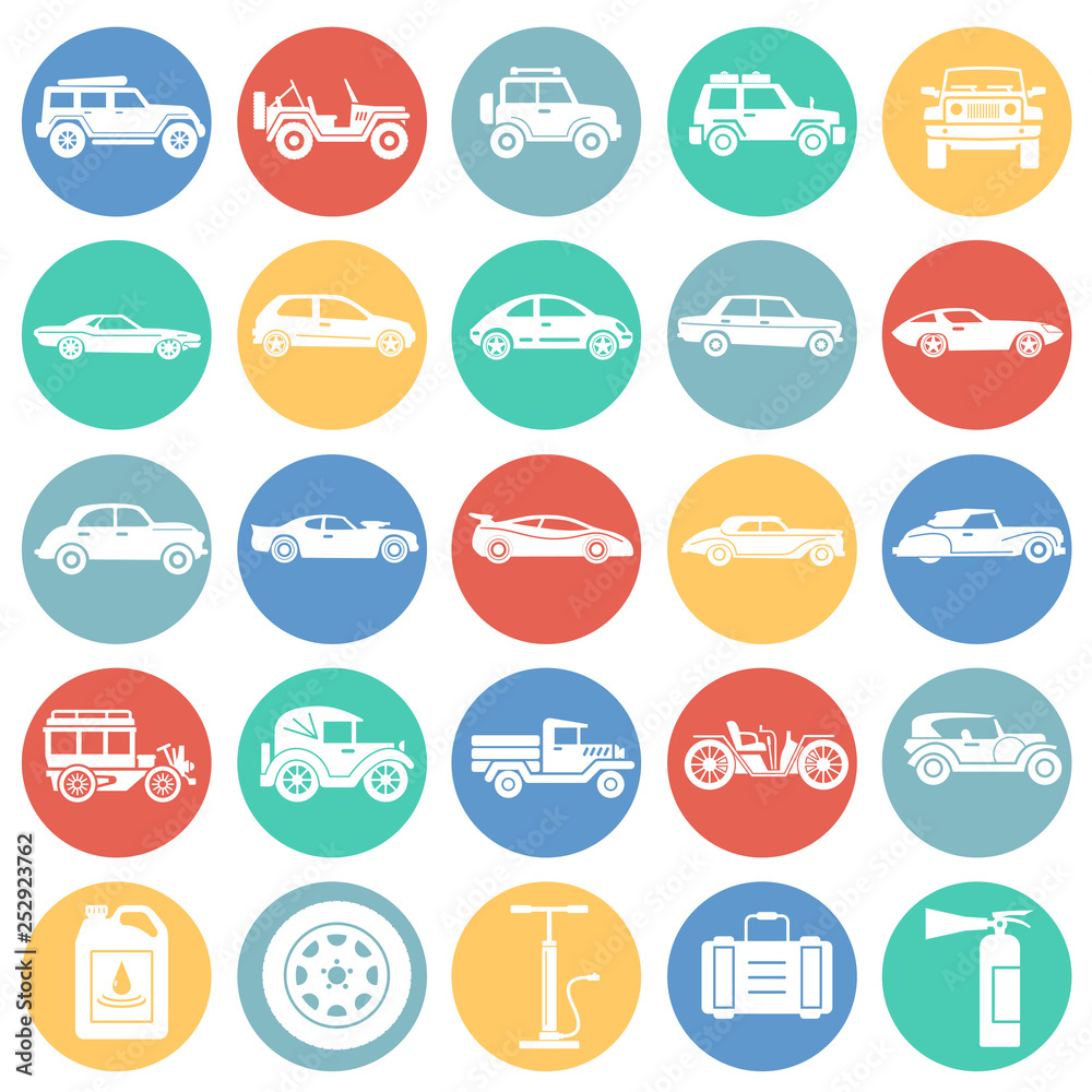 Poster cars icons set on colro circles white background for graphic and web design. simple vector sign. int