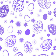 Seamless pattern of Easter eggs and flowers, violet on white
