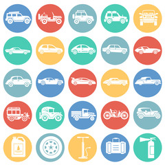 Cars icons set on colro circles white background for graphic and web design. Simple vector sign. Internet concept symbol for website button or mobile app.
