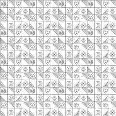 Geometric vector seamless pattern with different geometrical hand drawn forms. Square, triangle, rectangle, dots, circles, hearts, flowers. Graphic design. Abstract background black white Illustration