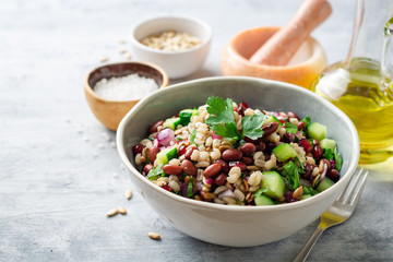 Healthy pearl barley salad with beans, cucumbers, red onion, sunflower seeds, pomegranate and parsley in bowl on concrete background. Selective focus.