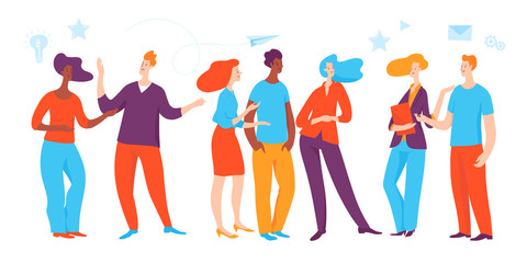 Vector concept business illustration working and communicative people.  