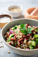 Healthy pearl barley salad with beans, cucumbers, red onion, sunflower seeds, pomegranate and parsley in bowl on concrete background. Selective focus.