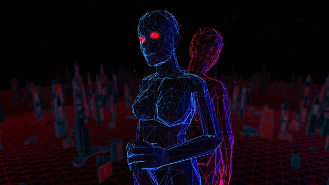Geometric laser woman figure on a lowpoly landscape. Seamless neon retro futuristic animation.