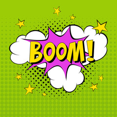 Comic speech bubbles. Pop art vector label illustration. Vintage comics book poster on green background. Colored funny font. Boom!