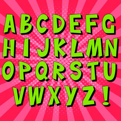 Pop art alphabet Comic speech bubbles. Pop art vector label illustration. Vintage comics book poster on pink background. Colored funny font.