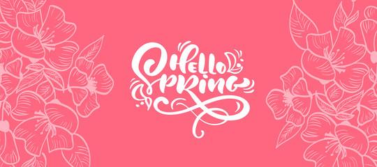 Vector floral frame for greeting card with text Hello Spring. Isolated flat banner scandinavian illustration on red background. Hand drawn nature design