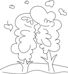 Trees kiss. Picture black line on a white background. humor. Stock vector illustration. Isolate on a white background. Silhouette. Minimalism. Coloring book