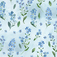 Watercolor seamless pattern of gentle blue flowers of forget-me-not with green leaves on white background. - 252926110