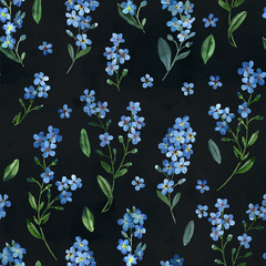 Watercolor seamless pattern of gentle blue flowers of forget-me-not with green leaves on dark background.