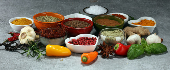 Spices and herbs on table. Food and cuisine ingredients.