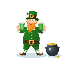 Cheerful leprechaun with two mugs of green beer