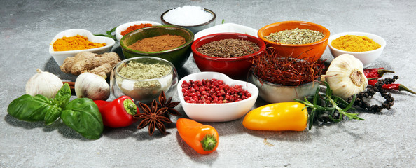 Spices and herbs on table. Food and cuisine ingredients.