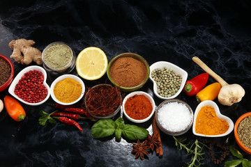 Spices and herbs on table. Food and cuisine ingredients.