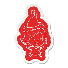 happy cartoon  sticker of a girl wearing santa hat