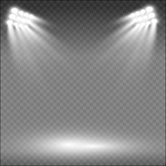 Stadium floodlights brightly illuminate evening or night sports games, concerts, shows, events. Isolated on a transparent background. Arenas of bright spotlights. Bright lights. Illuminated scene. © NAUM