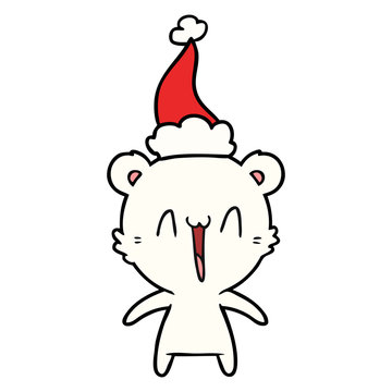 happy polar bear line drawing of a wearing santa hat