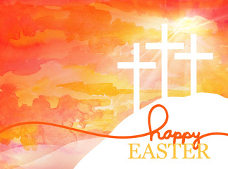 Easter background design of three white crosses on watercolor sunrise background with Happy Easter typography written in orange and gold, Religious Christian holiday design - 252928976