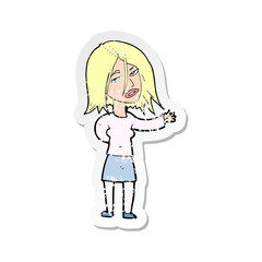 retro distressed sticker of a cartoon unhappy woman