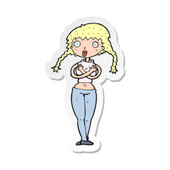 sticker of a cartoon offended woman covering herself