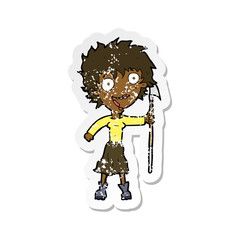 retro distressed sticker of a cartoon crazy woman with spear