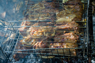 Cooking pork ribs on the fire. Shish kebab on the grill, barbecue with a flame in nature. Side view.