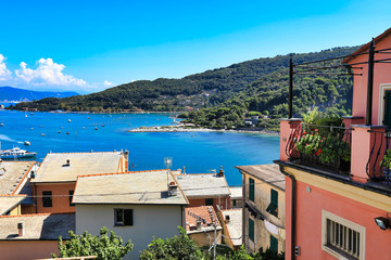 The view from above Portovenre (Porto Venere), Italy into the Mediterranean harbor is a beautiful travel and vacation view.