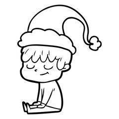 line drawing of a happy boy wearing santa hat