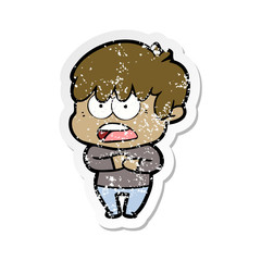 distressed sticker of a worried cartoon boy
