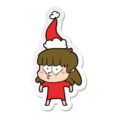 sticker cartoon of a whistling girl wearing santa hat