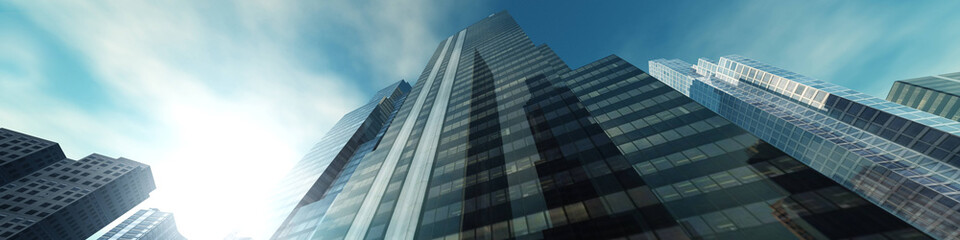 skyscrapers bottom view against the sky, the sun among the skyscrapers, 3d rendering