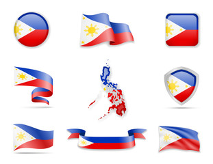 Philippines flags collection. Flags and outline of the country vector illustration set