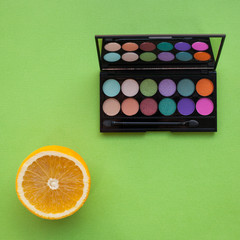 Palette of multicolor cosmetic make up, eye shadow palette, colorful shadows texture