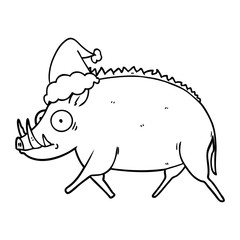 line drawing of a wild boar wearing santa hat