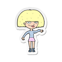sticker of a cartoon smug woman making dismissive gesture