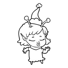 cute alien girl line drawing of a wearing santa hat