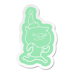 happy cartoon  sticker of a pig running wearing santa hat