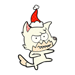 comic book style illustration of a grinning fox wearing santa hat