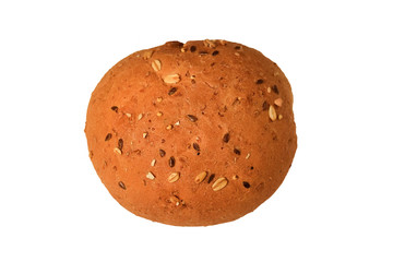 Whole grain bun with black sesame and sunflower seeds on a white background. Isolated