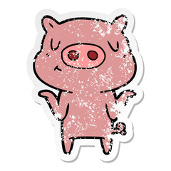 distressed sticker of a cartoon content pig