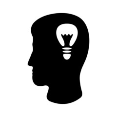 Icon of man's head and bulb. Concept of idea, discovery or intellectual insight. Vector Illustration