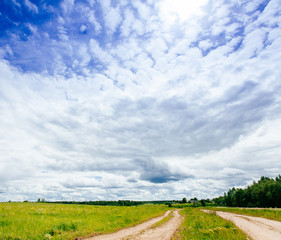 Spring summer background - rural road in green grass field meadow scenery lanscape with blue sky