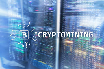 Cryptocurrency mining concept on server room background.