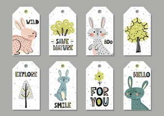 Cute rabbits gift tags set in scandinavian style. Vector illustration
