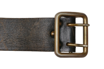 metal buckle and leather men's belt close up on a white background