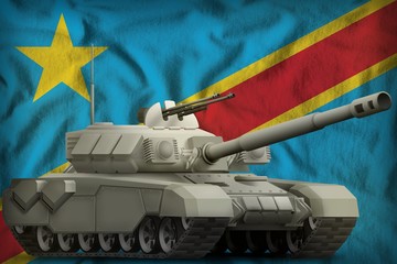 Fototapeta premium heavy tank on the Democratic Republic of Congo national flag background. 3d Illustration